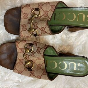 Gucci Brown and Tan Mules with Gold Accents. Size 8